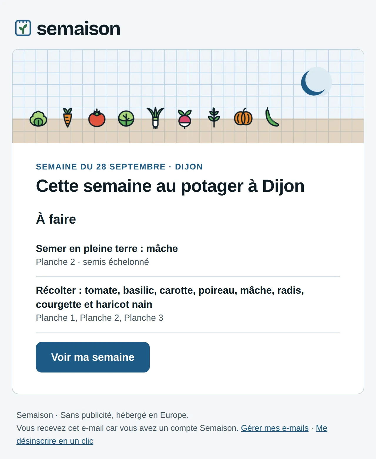 E-mail « Cette semaine au potager à Dijon » de la semaine du 28 septembre : la mâche à semer, les récoltes, et un lien vers la semaine.