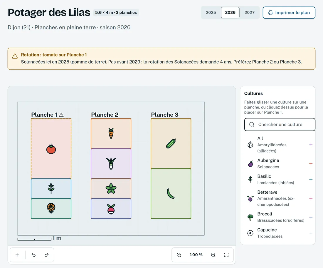 Plan du Potager des Lilas, à Dijon : trois planches de 3 × 1,2 m dessinées à l’échelle avec leurs cultures, et une alerte de rotation sur la planche des tomates.