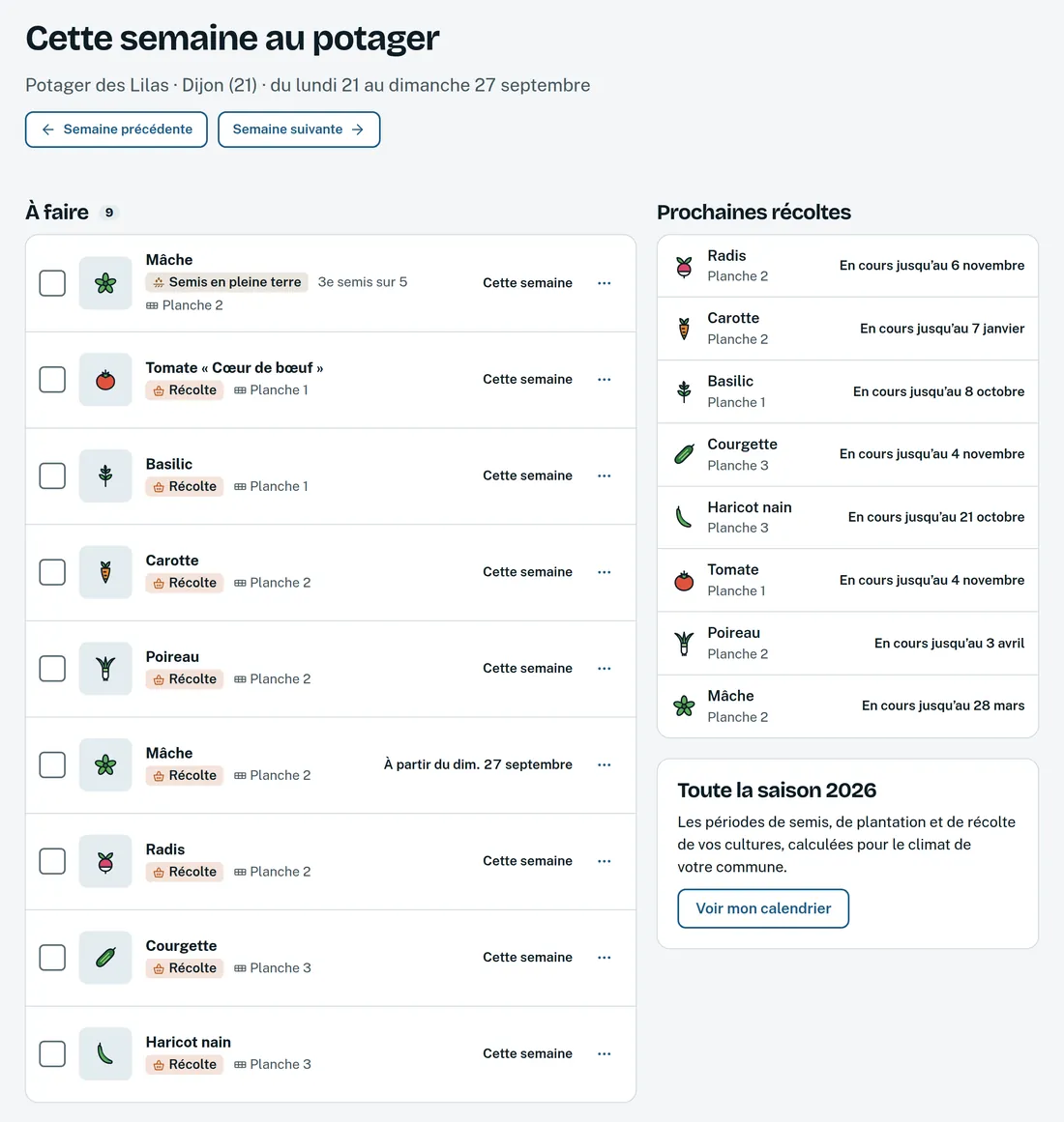 Page « Cette semaine au potager » de fin septembre : semis de mâche, récoltes de chaque planche, et les prochaines récoltes.